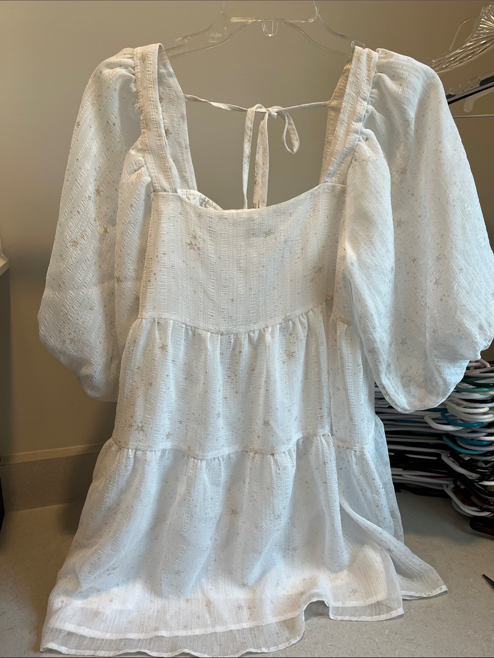 Nasty Gal White Puff-Sleeve Tiered Dress with Subtle Gold Speckle